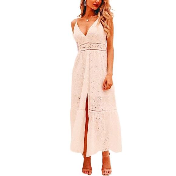 Simplee Eyelet Dress size Medium Blush Peach V Neck Spaghetti Strap Maxi Dress - Picture 2 of 11